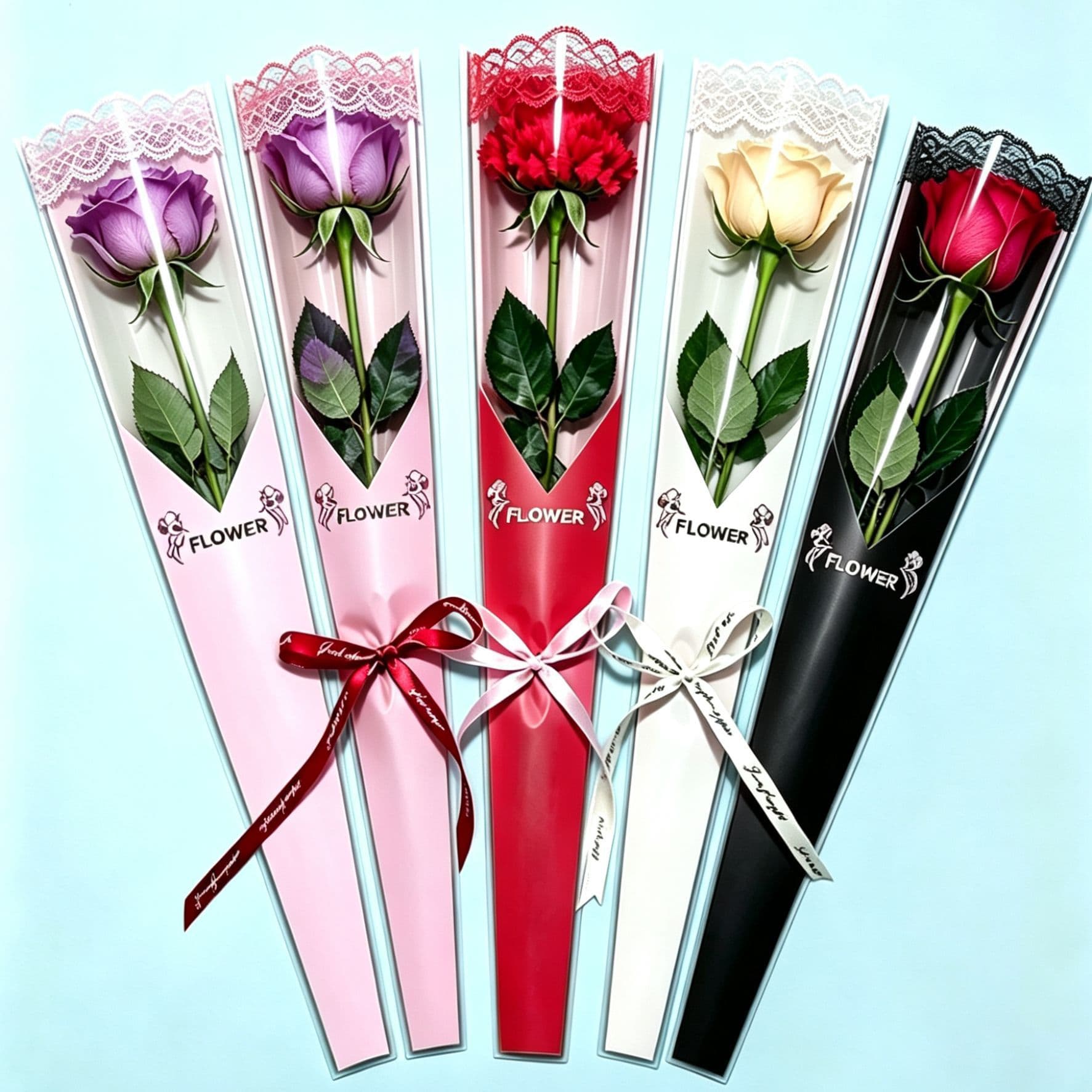 Wholesale Single Stem Bouquet Packaging Material Lace Edged Transparent Rose Bag for Mother's Day and Valentine's Day Flower Shops