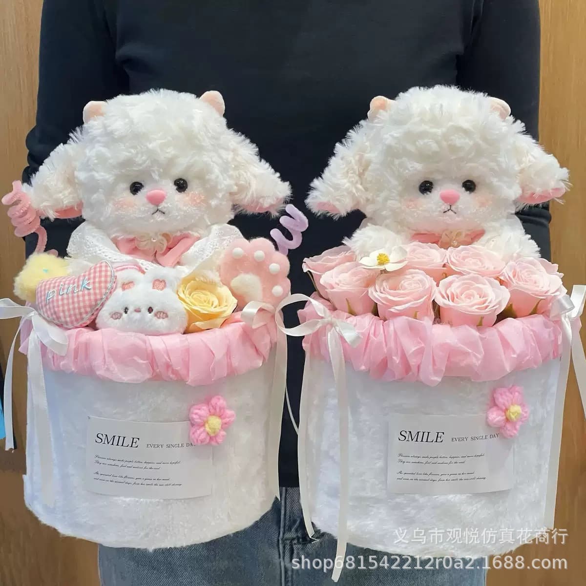 Little Lamb Plush Doll Holding Bucket Flower Bouquet - Gift for Teacher, Girlfriend, Girls, Children Birthday, Valentine's Day